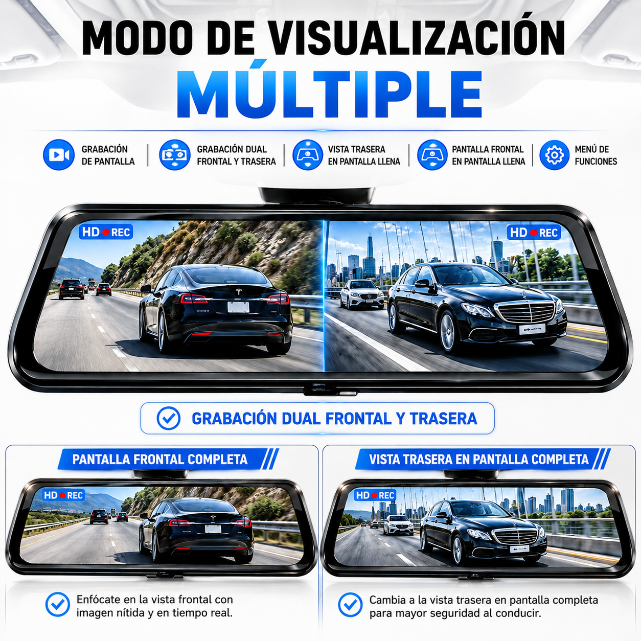 Espejo retrovisor 4 en 1 Pantalla Táctil