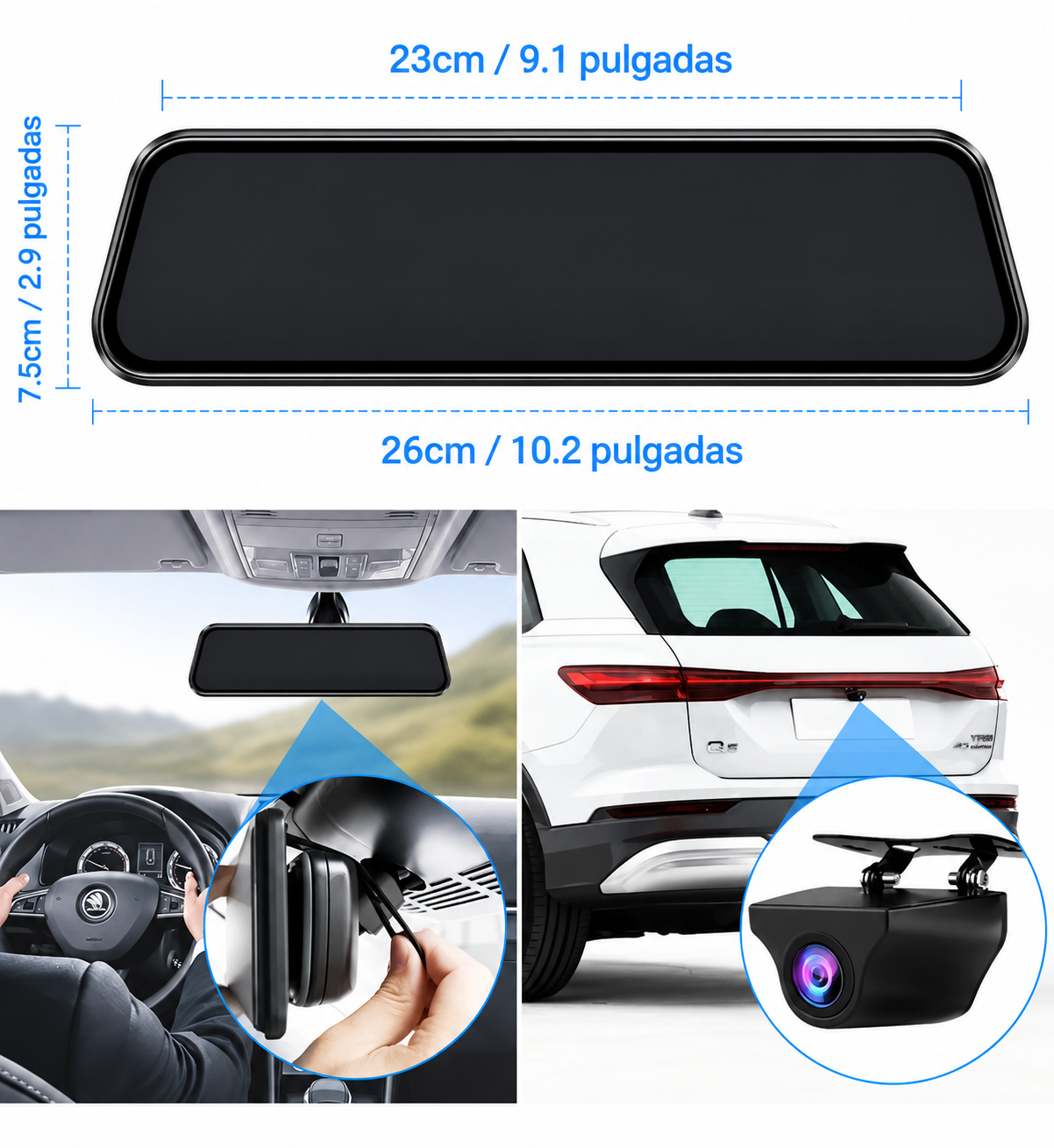 Espejo retrovisor 4 en 1 Pantalla Táctil